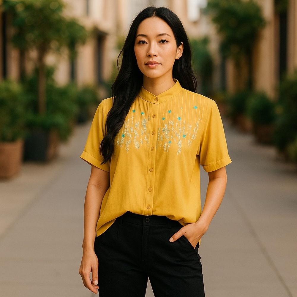 Yellow Embroidered Women's Blouse says size 2XL but was shrunk to a medium large